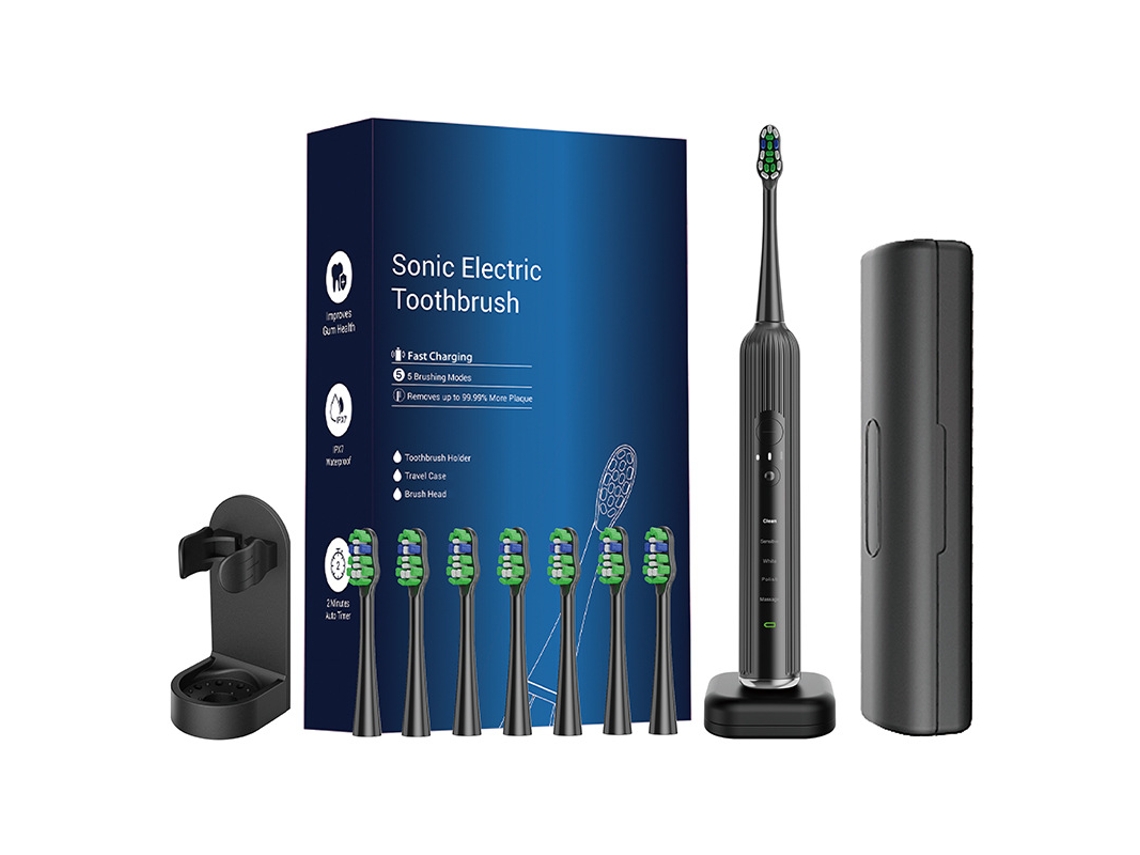 Escova de Dentes Elétrica Adulto, Sônica com 8 Cabeças + 1 Suporte + 1 Estojo de Viagem + 1 Base de Carregamento. Preto CZHHMART