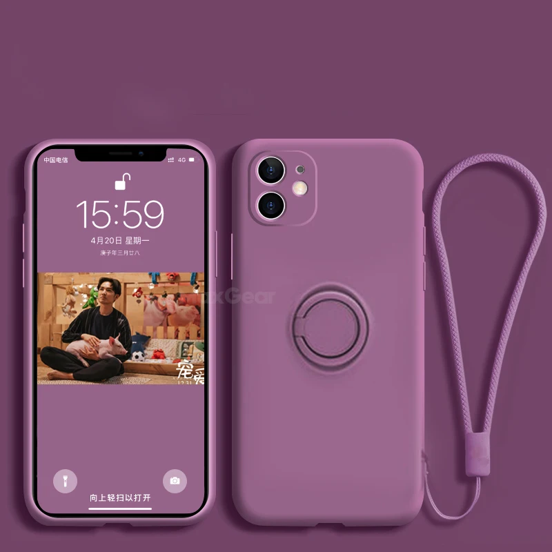 Capa De Silicone Líquido Macio Para Iphone 11 Pro De 5,8 Polegadas (roxo Escuro) Com Suporte, Anel E Alça De Pulso.