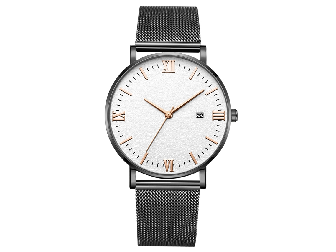 Relógio de pulso masculino mecânico de quartzo, esportivo, pulseira preta, caixa preta, ponteiros dourados, mostrador em ouro rosa, branco