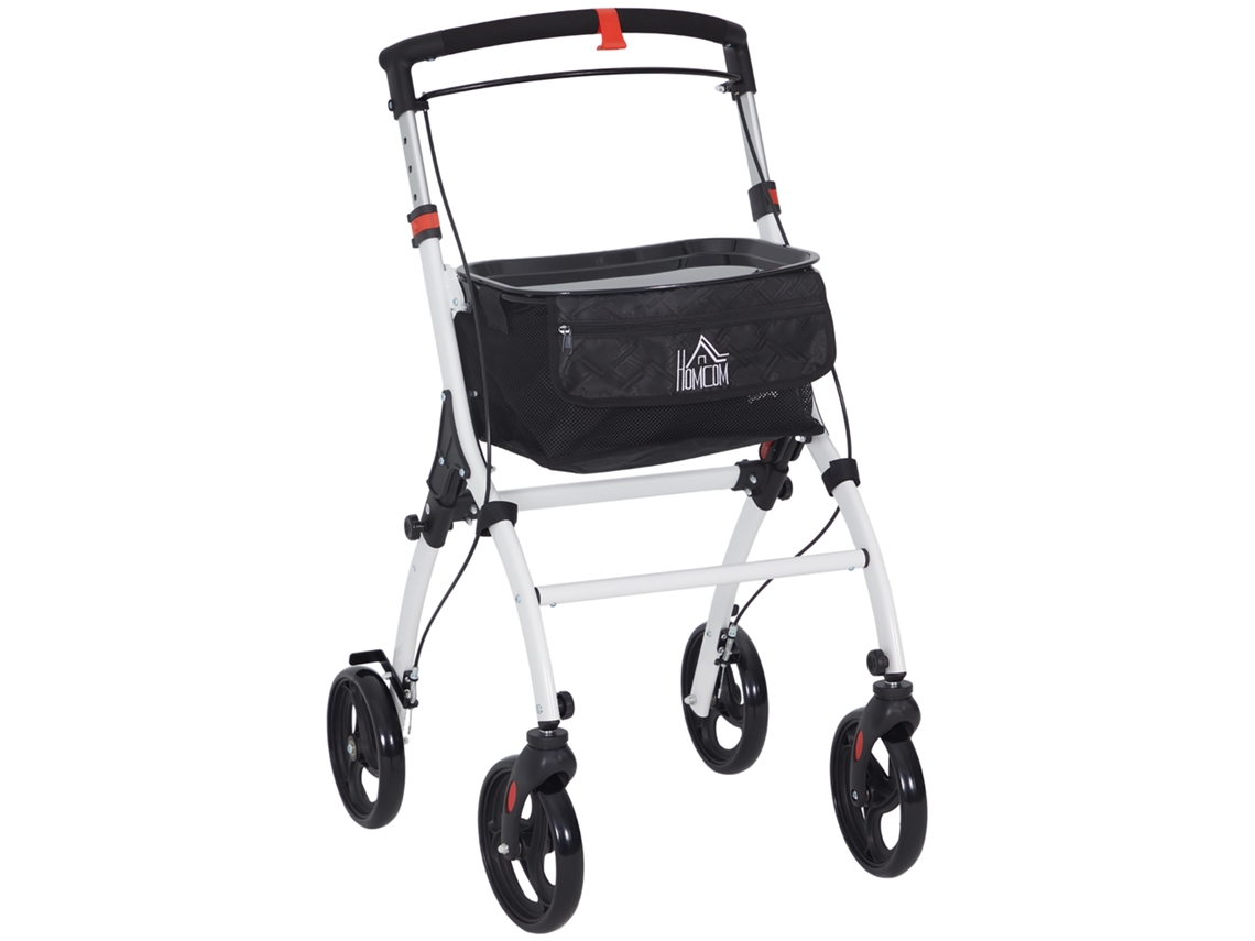 Andarilho dobrável para idosos em alumínio com altura ajustável, travão e bolsa de transporte 102cm preto e branco | S/MARCA
