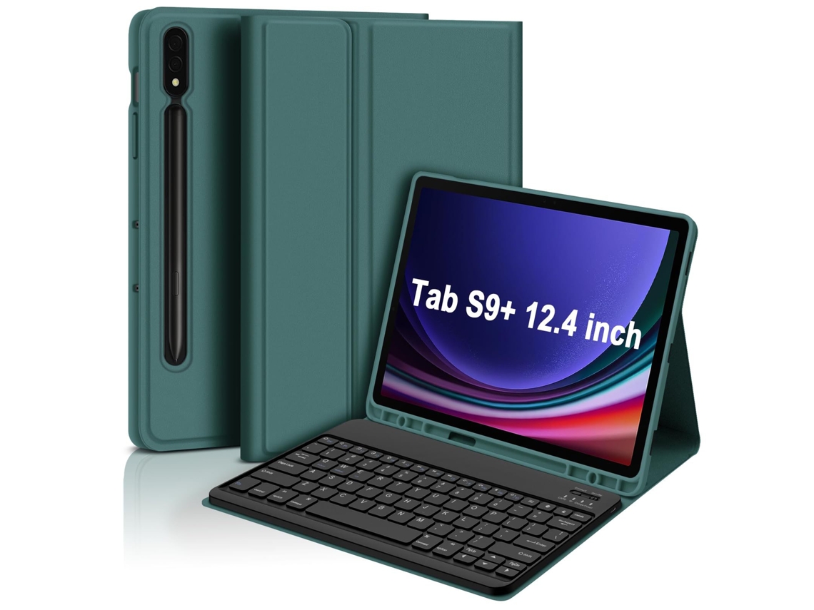 Capa De Teclado Bluetooth Fwinl Para Samsung Galaxy Tab S9 Plus 12.4 Inch Luz De Fundo Português Verde Escuro