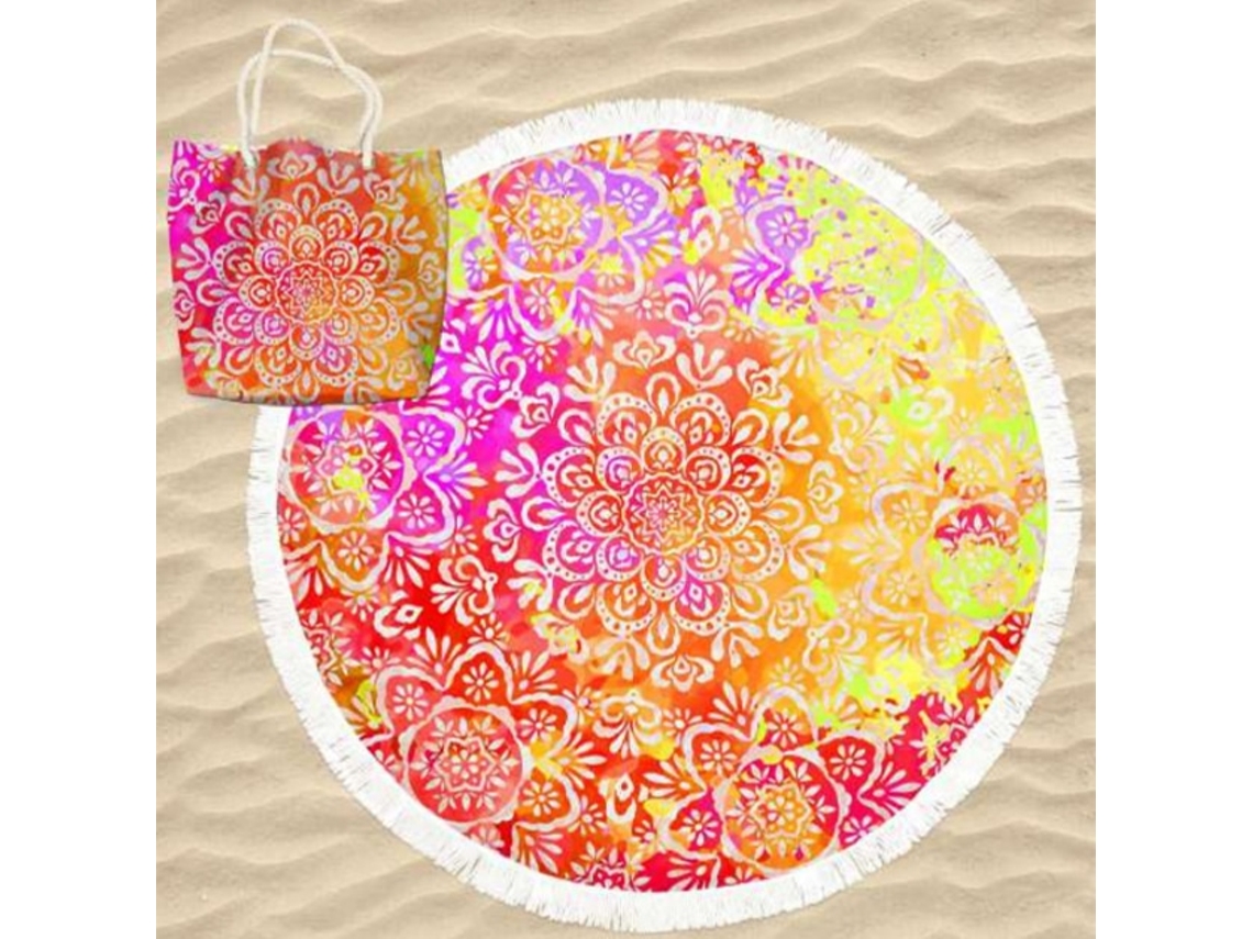 Toalha De Praia Microfibra Redonda Mandalas Flores Multicolorida Com Saco