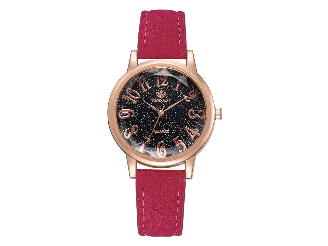 Relógio Feminino de Pulso Clássico de Moda com Pulseira de Couro Pu Rosa Vermelho