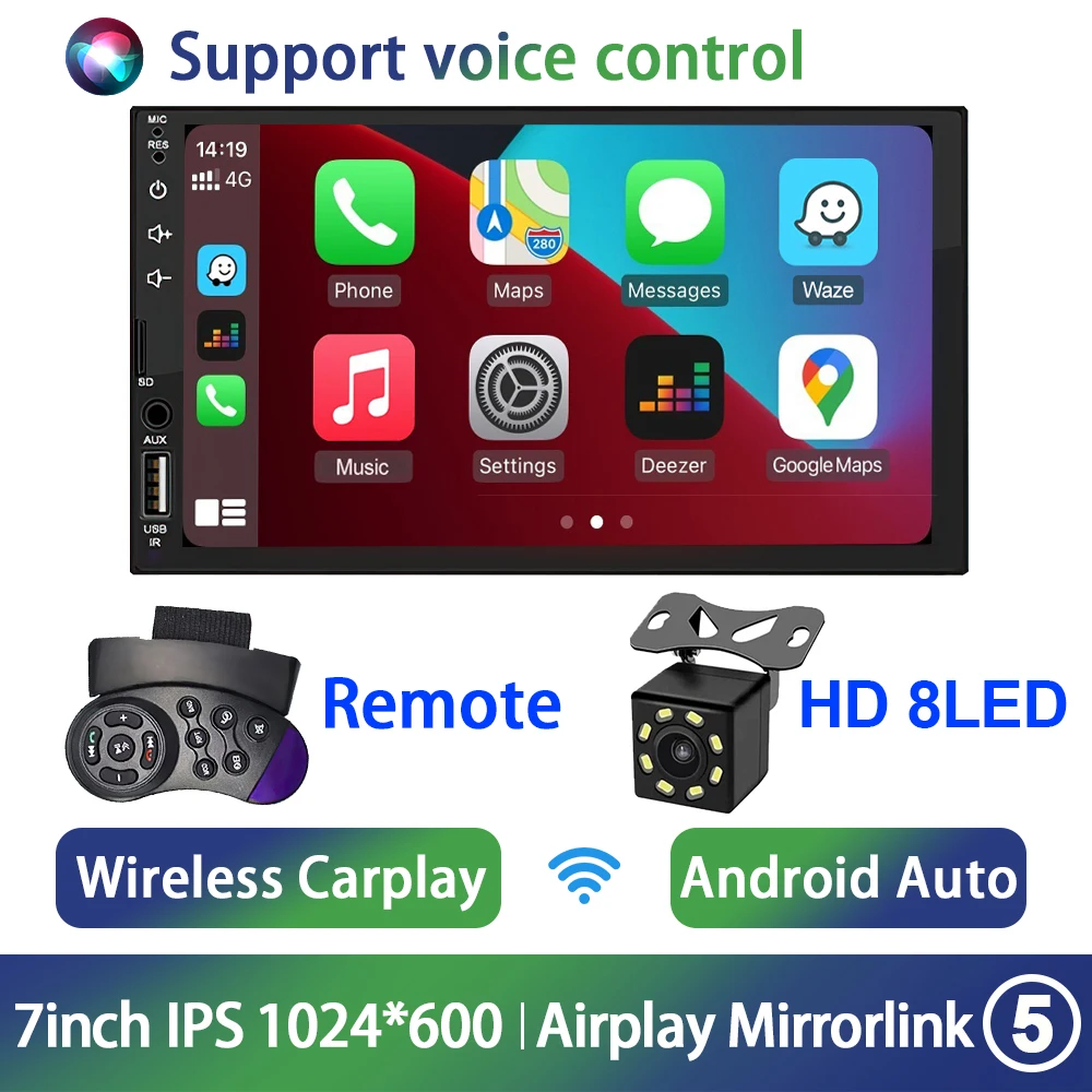 Sistema Multimídia Automotivo 2din (8 Câmeras Led), Tela Ips De 7 Polegadas, Carplay Sem Fio, Bluetooth