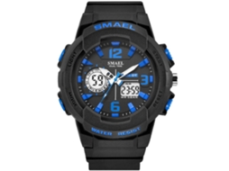 Relógio esportivo eletrônico multifuncional Smael para homens com pulseira de plástico preta e azul.