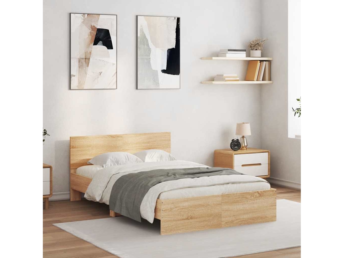 Vidaxl Estrutura Cama C/ Cabeceira/luzes Led 135x190cm Carvalho Sonoma