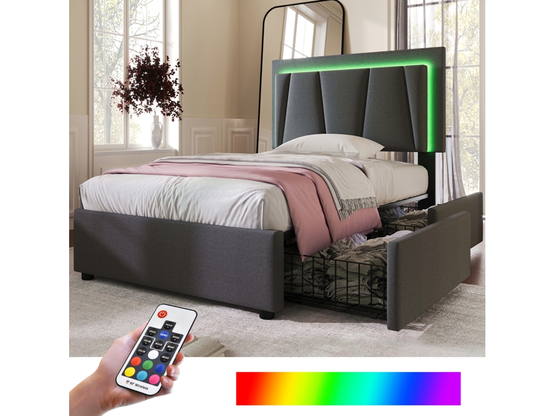 Cama Estofada VSOGA 160x200 cm com Hidráulica, Led, Usb, Cabeceira com Usb, Pele Sintética, Base Incluída, Colchão Não Incluído