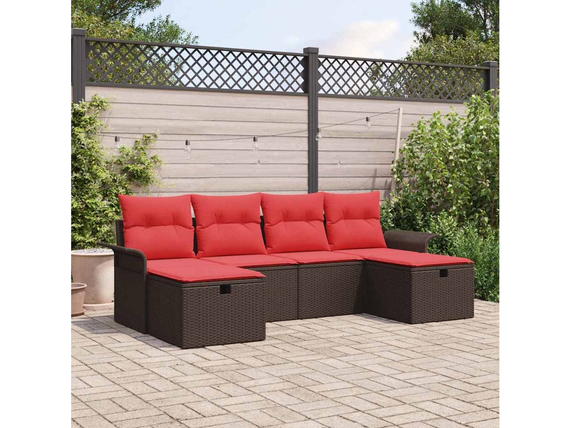 Vidaxl Conjunto De Sofá De Jardim 6 Pcs Marrom E Vermelho Vime Pe