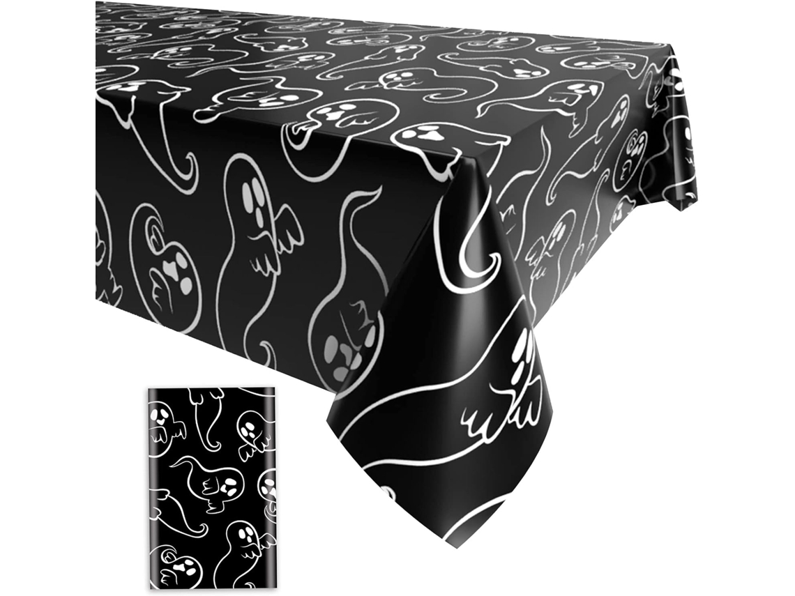 Toalha Mesa Halloween Fantasma Plástico Preto Retangular
