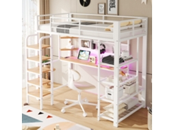 Cama Metálica NOVELA com secretária, tomadas USB, LED multicolorido, prateleiras, escada, estante, painel perfurado, branco
