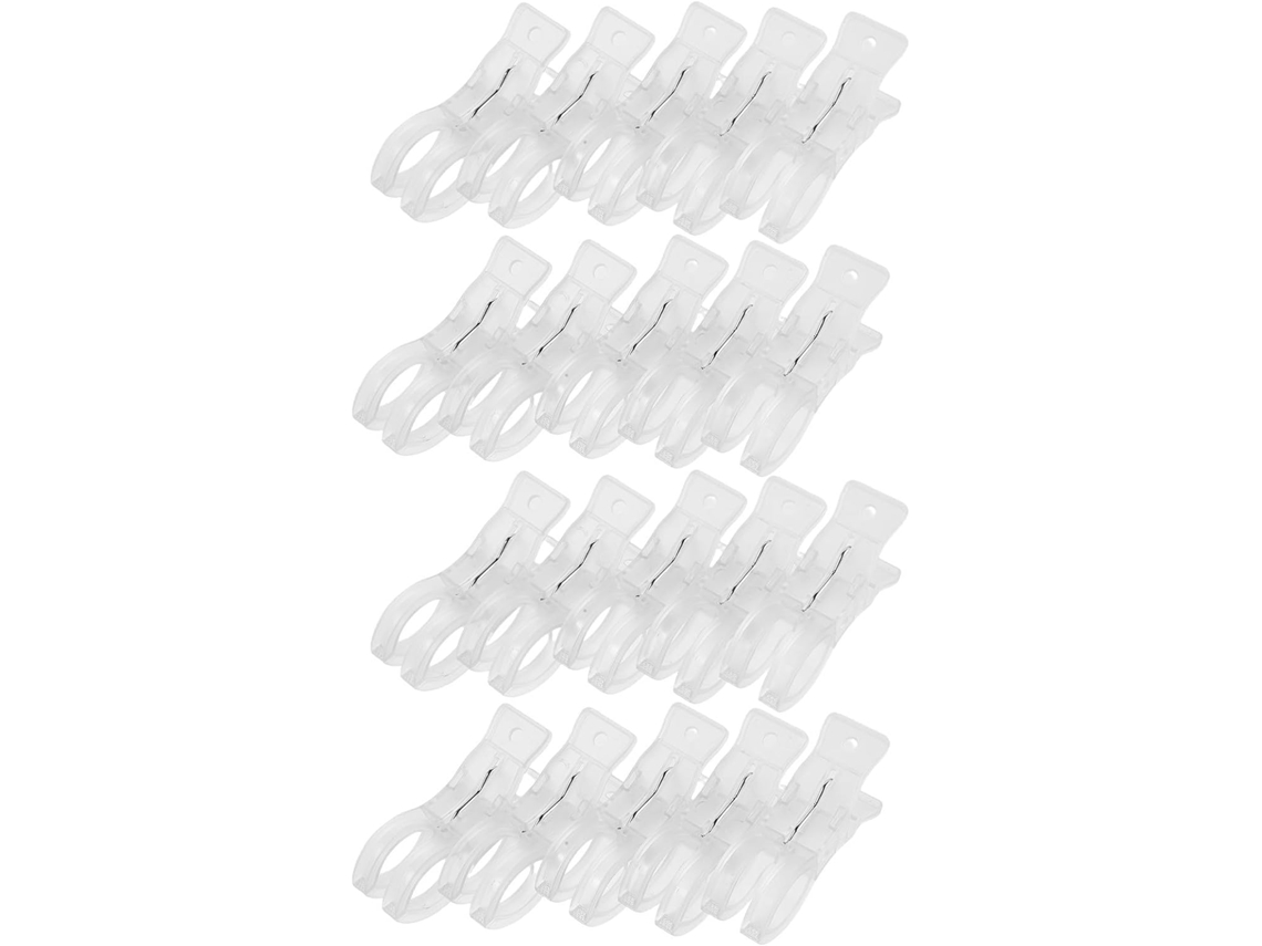 Conjunto de 20 prendedores transparentes com mola arco balões, tamanhos 9x4, 5x2 e 5 cm, fáceis de remover e aplicar.