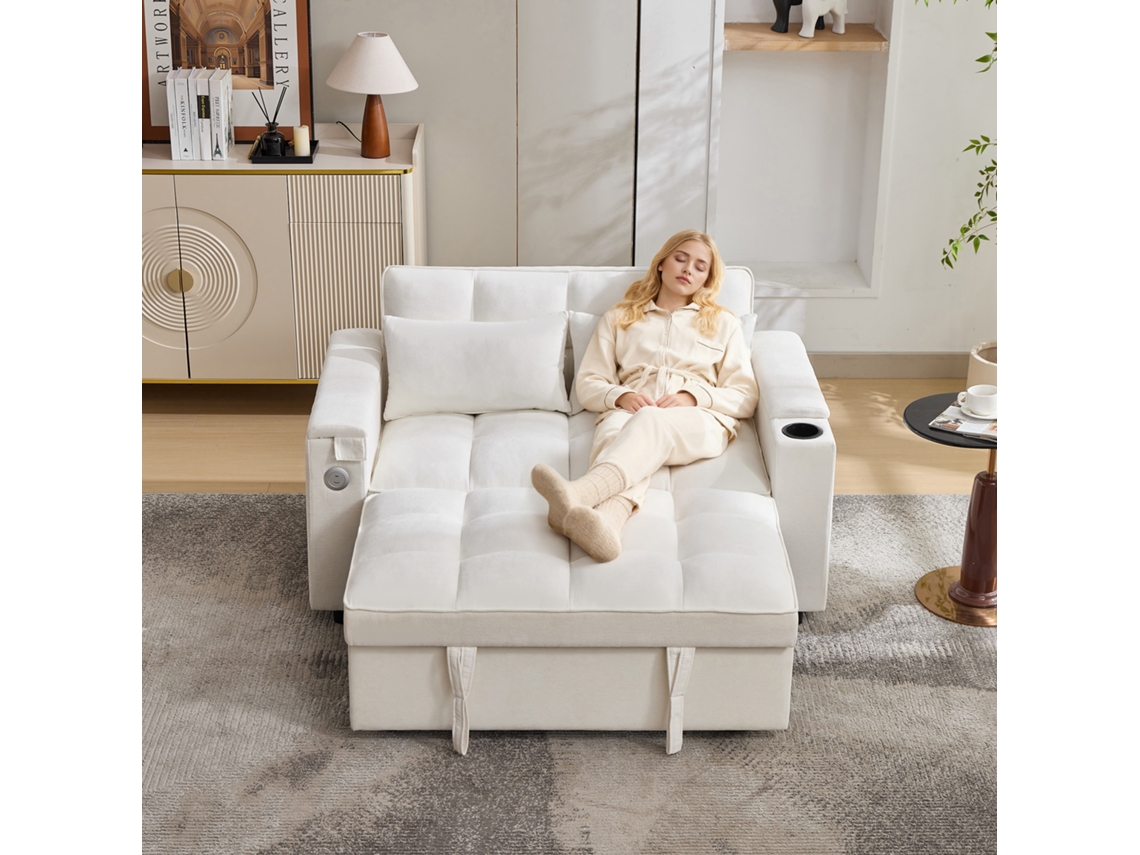 Sofá-cama 3 Em 1 Com Usb, Mesa Embutida E Porta-copos, Sofá Dobrável 2 Lugares Bege