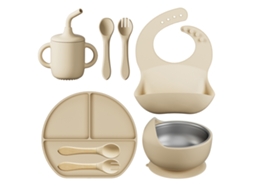 Conjunto de Alimentação para Bebê em Silicone, 8 Peças, Incluindo Prato, Tigela, Babador, Colher e Garfo Bege PANOONA
