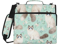 Organizador de 3 argolas com estampa de gato e flor verde claro, para ombro e mão, em Prova d'Água, ideal para documentos.