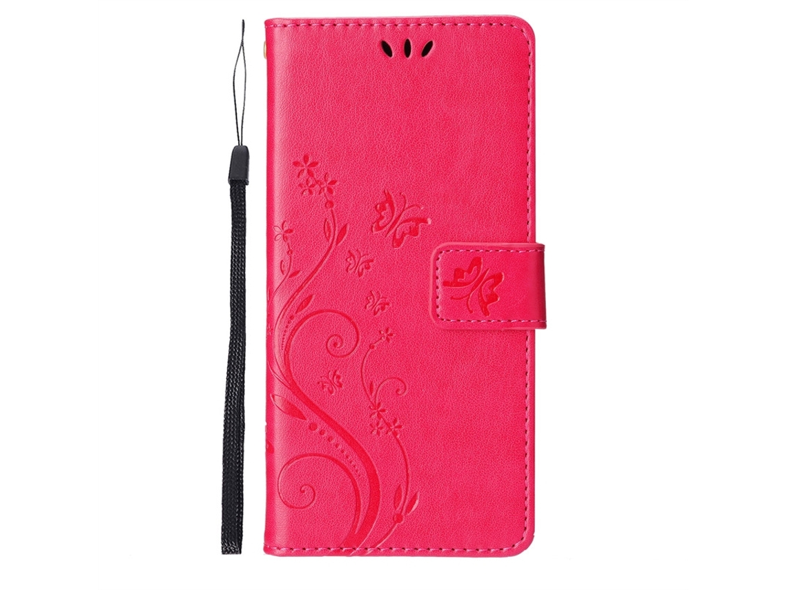 Capa Para Iphone 17 Air Em Couro Vermelho Rosa Com Borboleta Em Relevo.