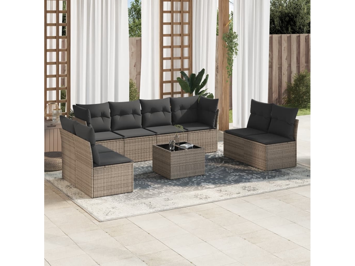 9 Pcs Conjunto Sofás P/ Jardim Com Almofadões Vime Pe Cinza Dkd Home Decor