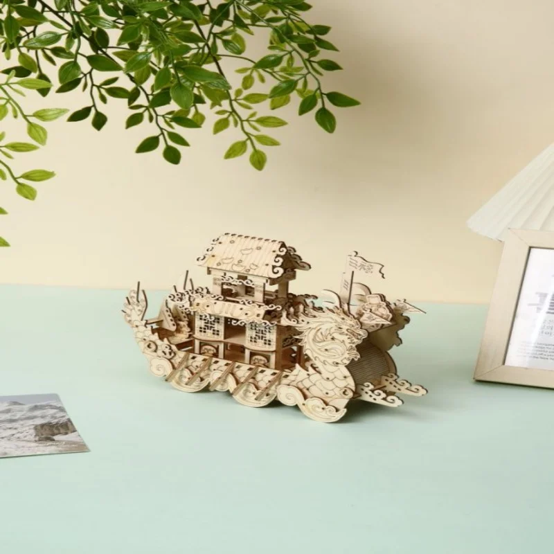 Quebra cabeça 3d de Madeira, Modelo Tradicional de Barco Dragão, Blocos de Madeira para Montar MDUG