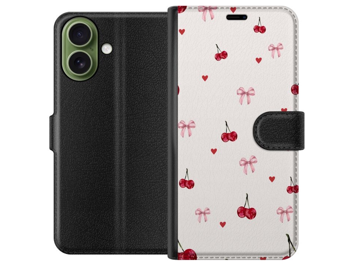 Capa Carteira Compatível Com Apple Iphone 17. Estampa Delicada Com Cerejas, Corações Pequenos E Laços Rosa Sobre Um Fundo Claro, Em Um Estilo Fofo E R