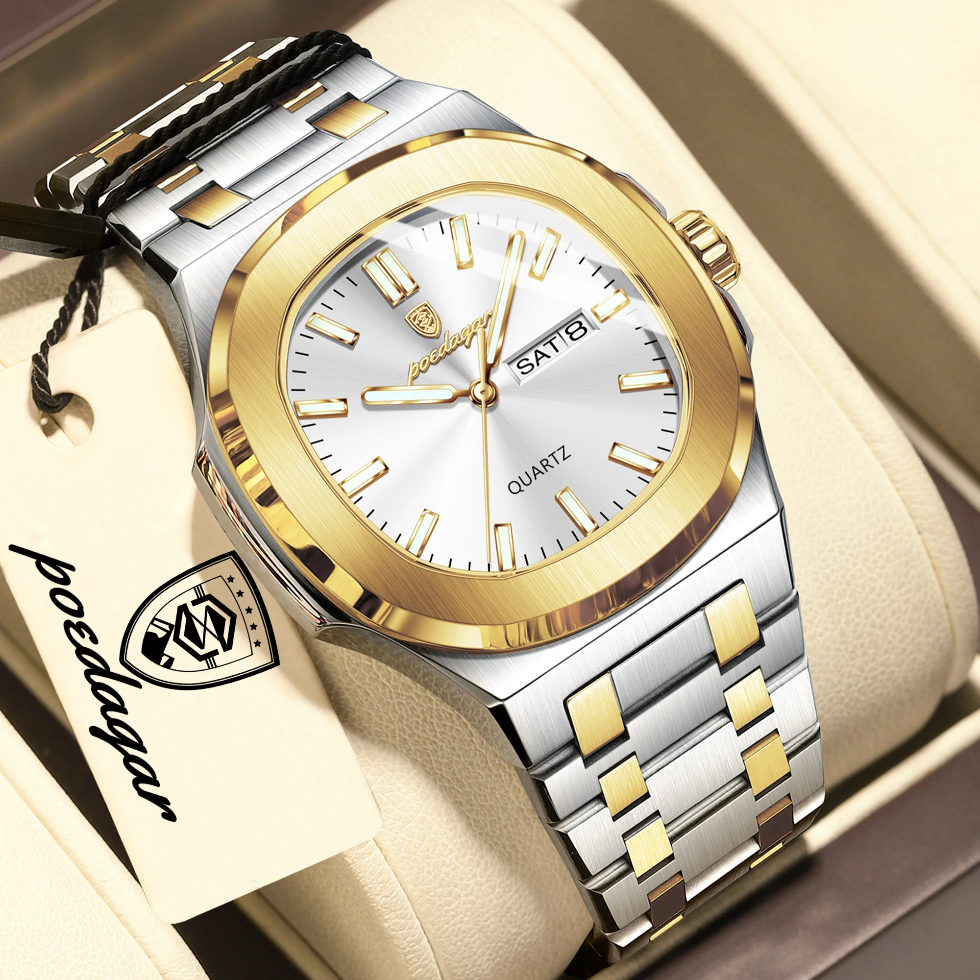 Relógio Masculino Casual De Luxo (dourado E Branco), À Prova D'água, Com Data E Dia Da Semana Luminosos.