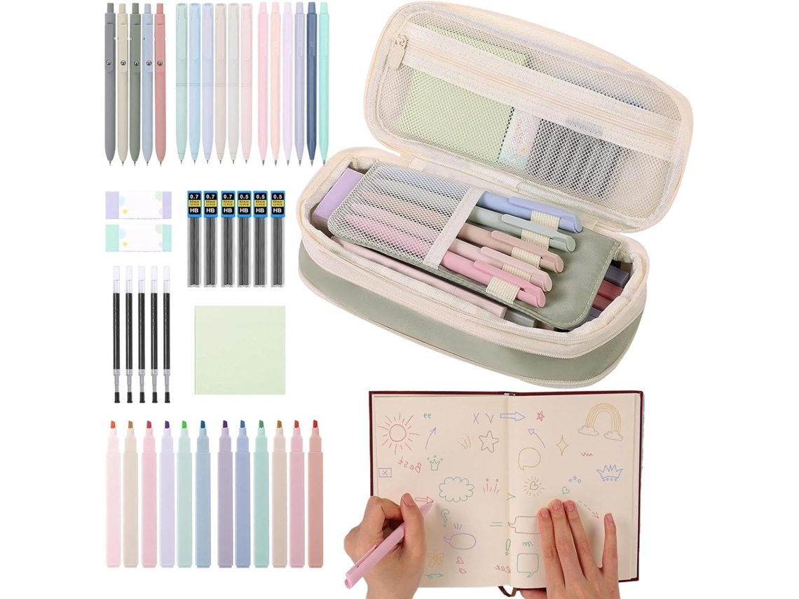 Estojo Com Material Escolar– Estético, Estojos Bonitos, Conjunto De, Canetas De Gel Pretas, Borrachas, Bloco