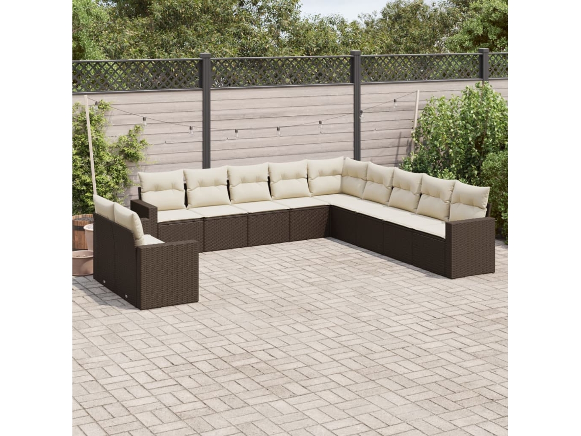 Vidaxl 11 Pcs Conjunto Sofás De Jardim C/ Almofadões Vime Pe Castanho