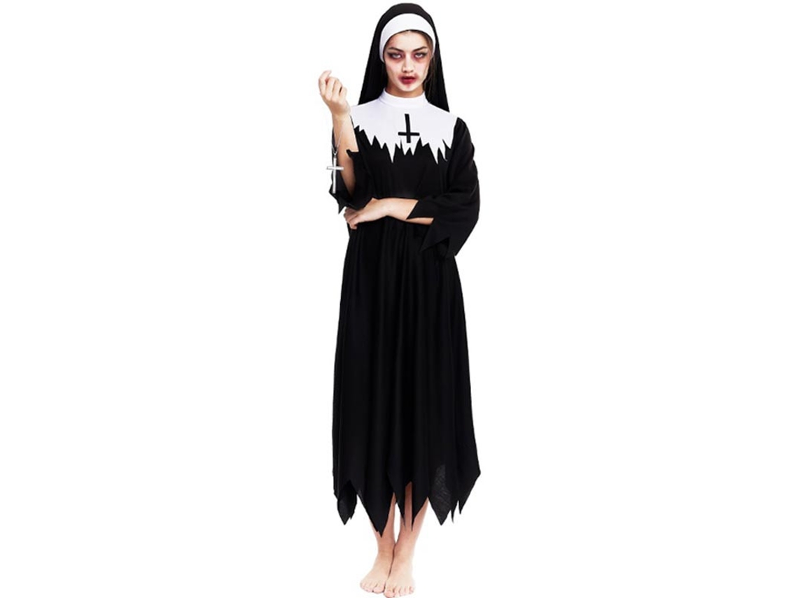 Fantasia de freira zumbi com túnica pontiaguda feminina