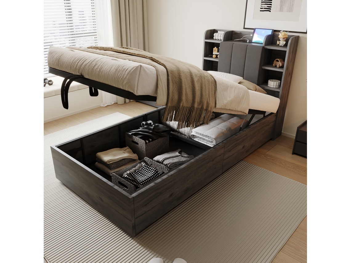 Sofá cama 90x200cm em madeira maciça, com gavetas, Usb, tomada, led, resistente 120kg, cinza KOMHTOM