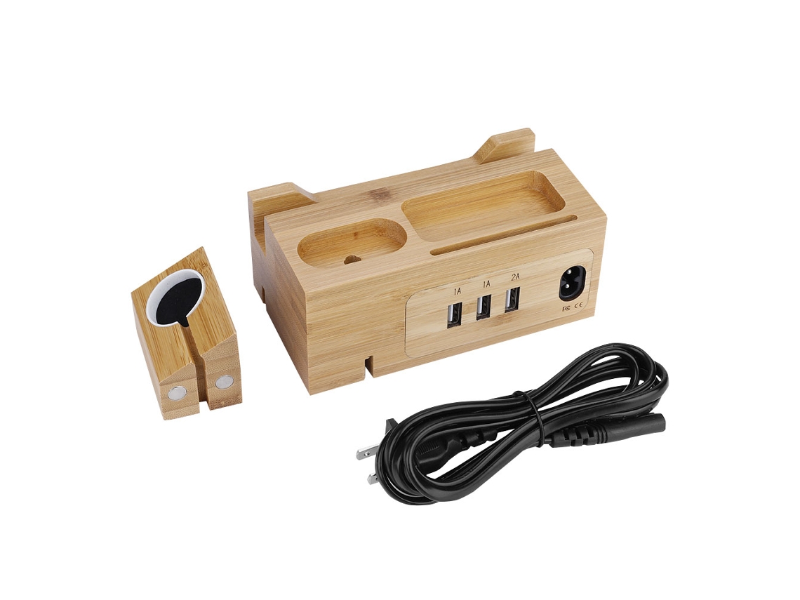 Suporte para Celular e Relógio com Base de Carregamento Usb em Bambu e Madeira EOOCOO