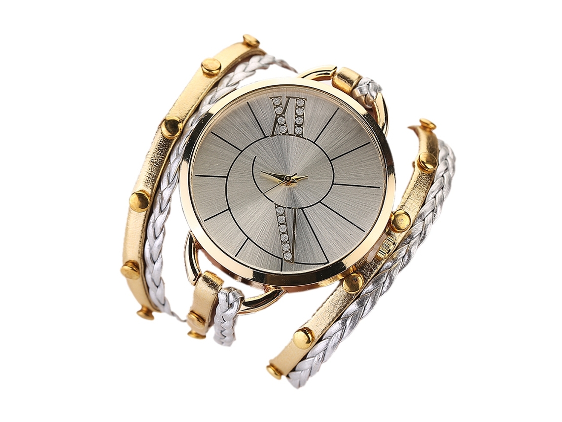 Relógio de Pulso Feminino Retro de Quartzo com Corda Trançada Multicamada Pu Liga Dourado
