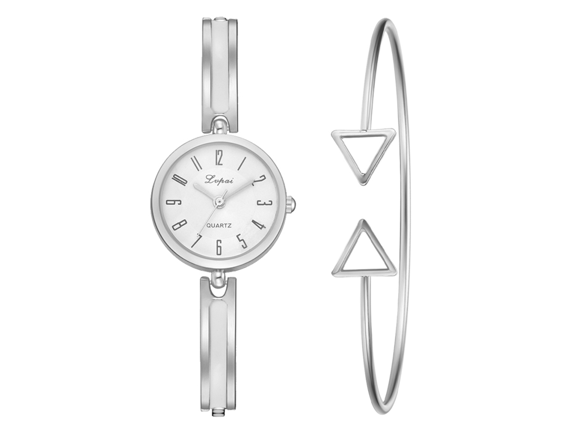 Conjunto Relógio Pulseira Feminino Lvpai de Moda Casual de Liga Quartzo Prata Branco