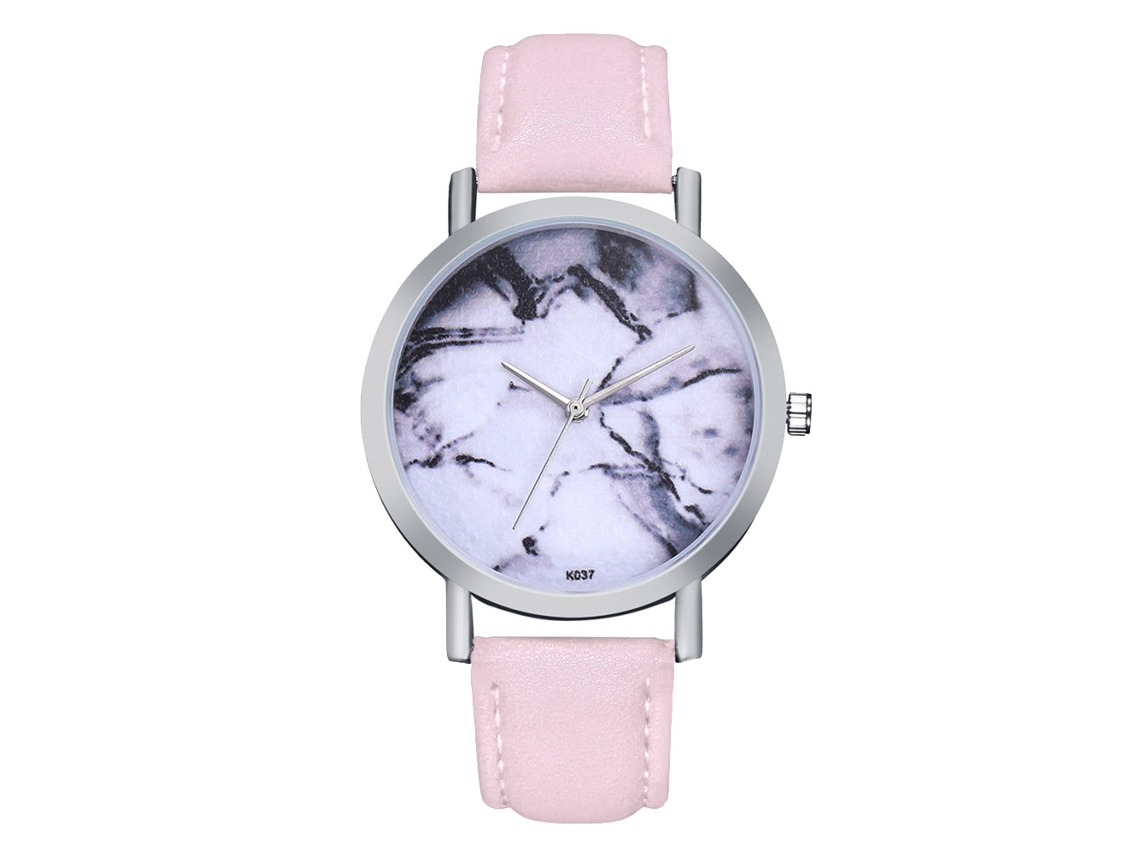 Relógio de pulso feminino Zhoulianfa com mostrador de mármore, caixa em PU prateado, aço, quartzo rosa.