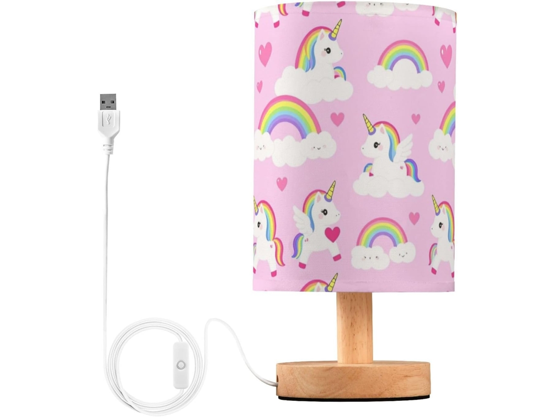 Abajur de mesa para sala de estar com estampa de unicórnios, corações e arco-íris, ideal para adultos.