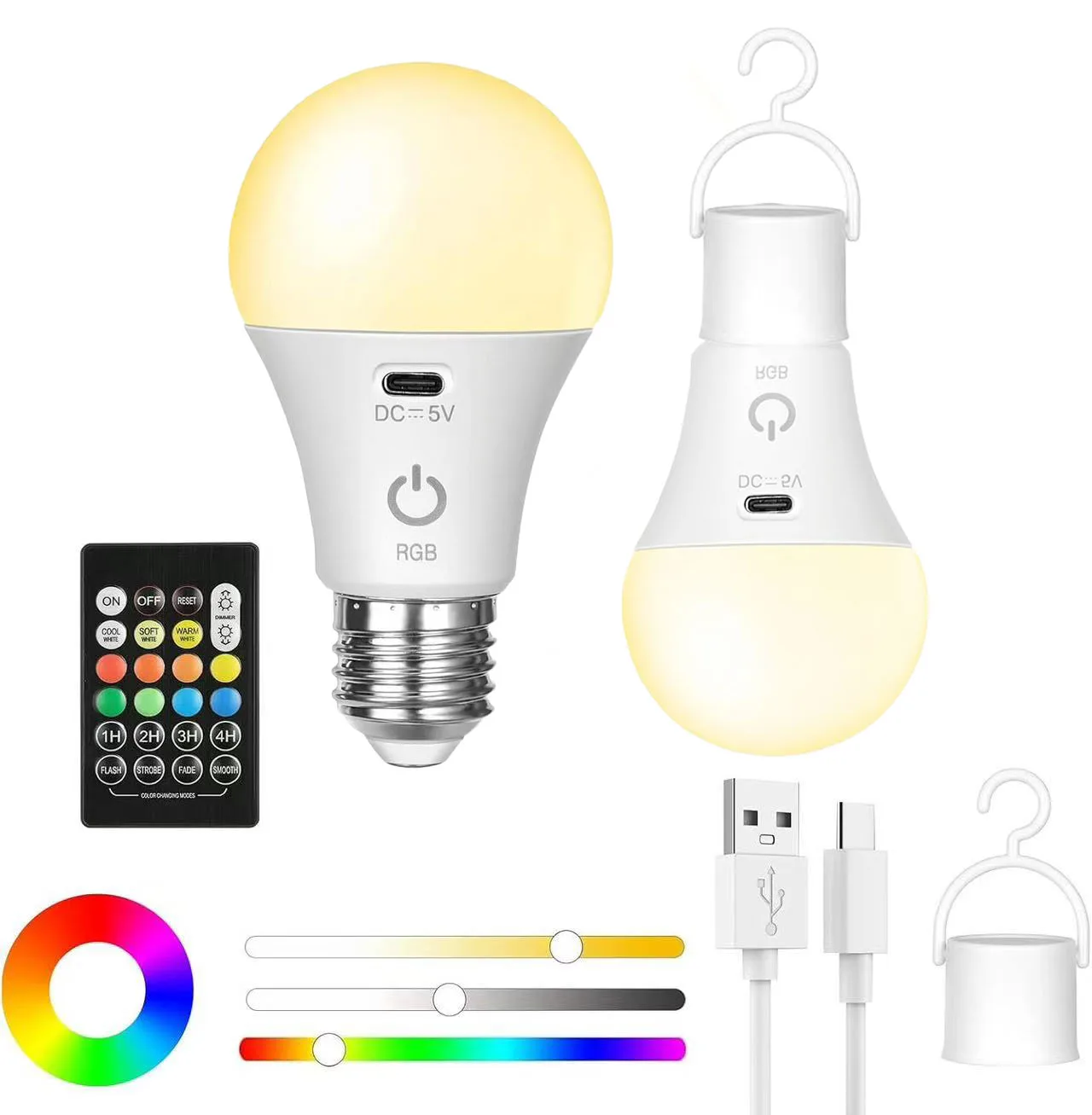 Soquete Para Lâmpada, Base E27, Rgb, Recarregável, Comando Remoto, Intensidade Regulável, Temporizador
