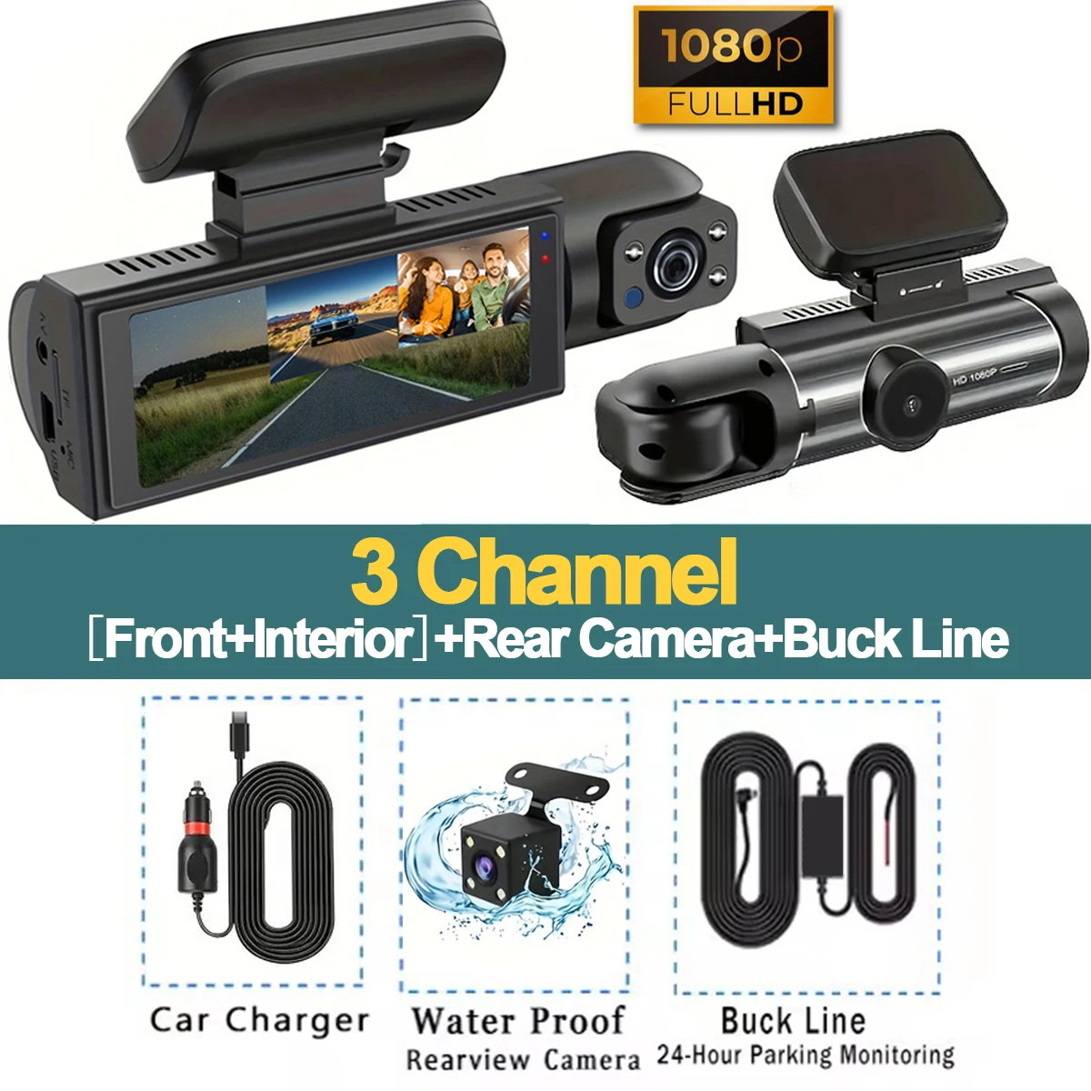 Dvr para Carro, Dvr para Carro 1080p MDUG (cartão Sd de 32 Gb, Kit de Instalação com Fio de 3 Canais)