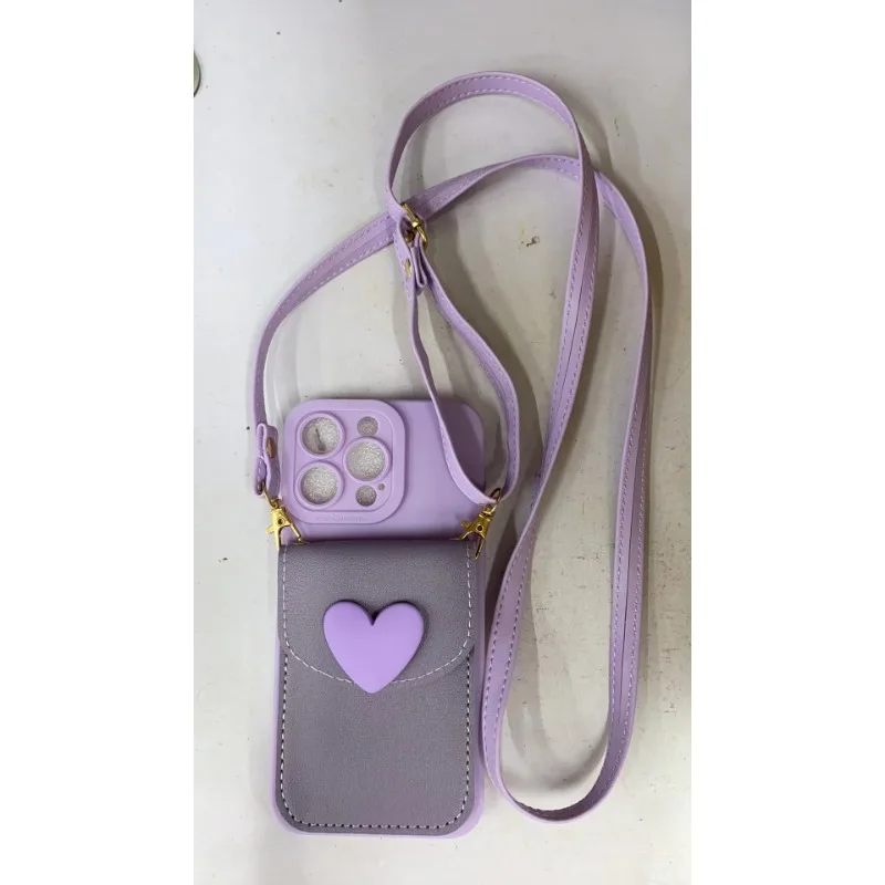 (iphone 11 Pro Roxo) Colar Transversal Fofo Com Porta-cartões E Capa Para Celular, Estampa De Coração.