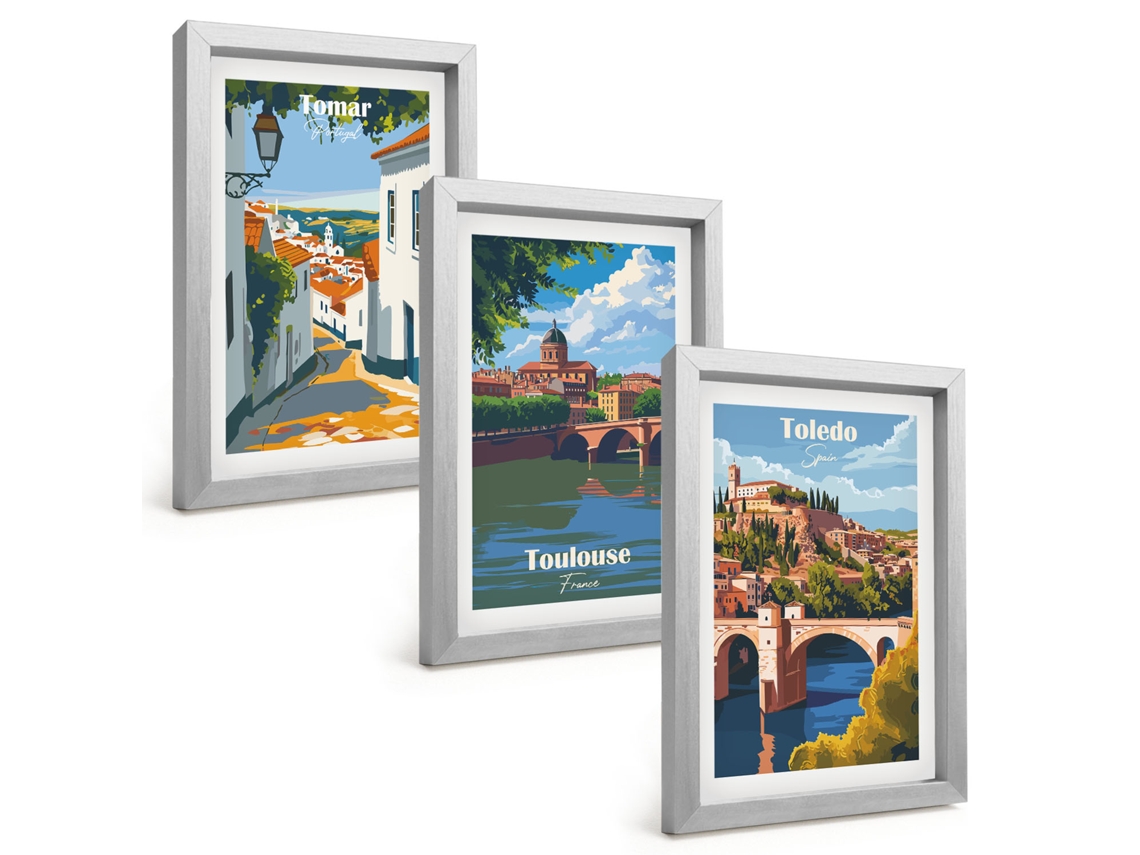 Composição De Quadros Gráficos De Cidades Retrô Espelharte (3 Peças 20x30 Cm)