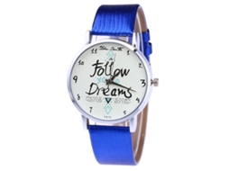Relógio de quartzo unissex com pulseira de couro PU, letras, mostrador azul, Zhoulianfa
