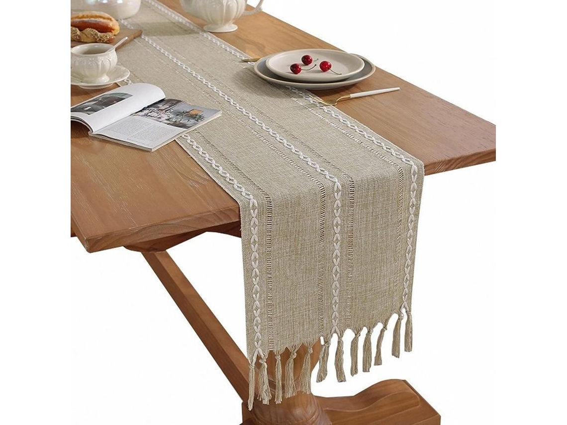 2026 mantel de Mesa Verde Salvia Con Rayas Y Borlas Tejido (amarelo, 33*183 Cm)