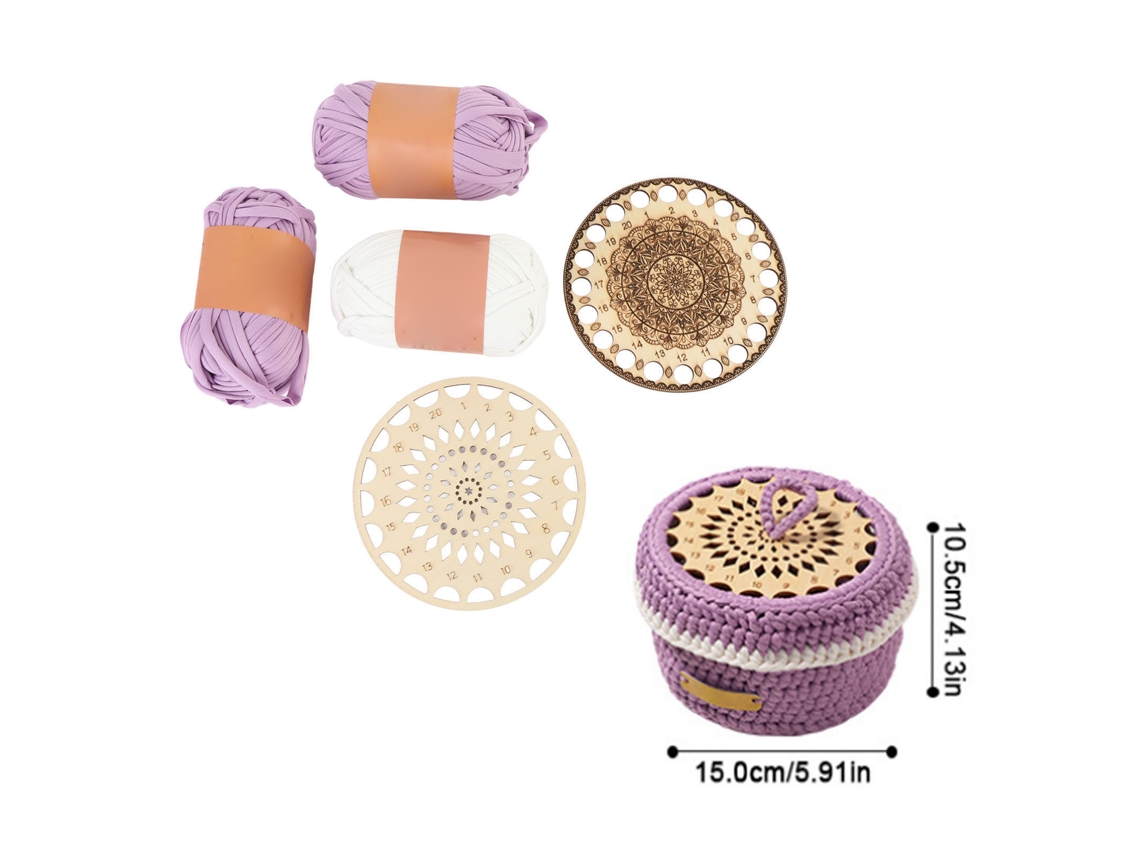Kit De Cesta De Crochê Para Iniciantes Com Fio, Gancho, Fundo De Madeira E Instruções Roxo Branco Redondo