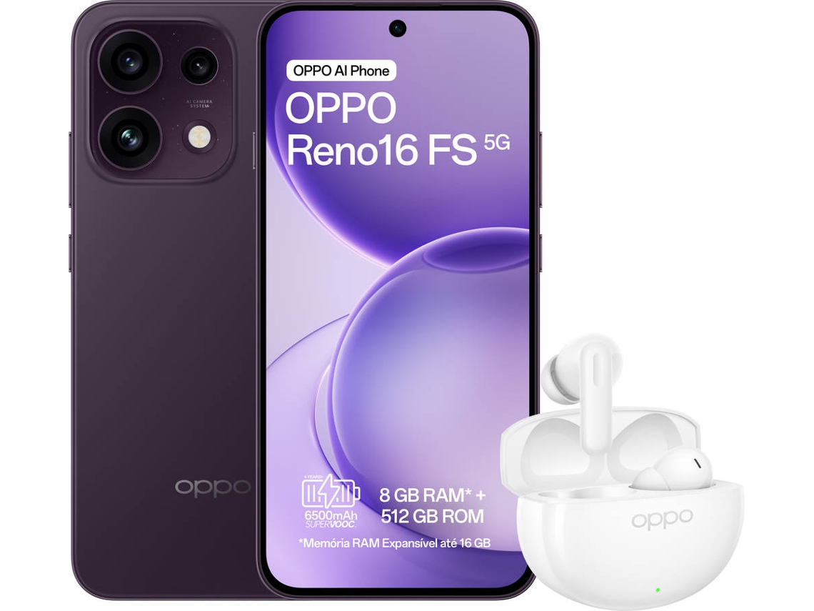Bundle Smartphone OPPO Reno16 FS 5G (6.57'' - 8 GB - 512 GB - Roxo Preto) + Auriculares Enco Air5 