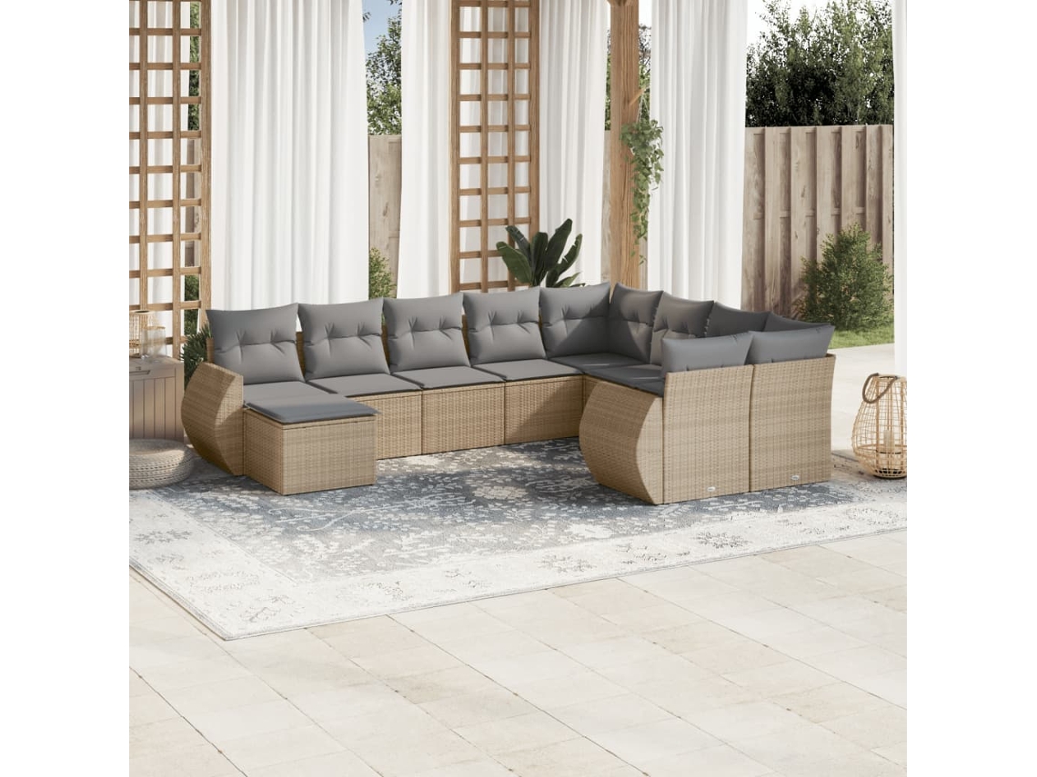 Vidaxl 10 Pcs Conjunto De Sofás P/ Jardim Com Almofadões Vime Pe Bege