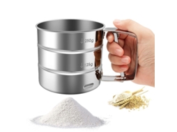 Peneira de farinha em aço inoxidável 2026, operação manual com escala de medição para confeitaria e culinária.