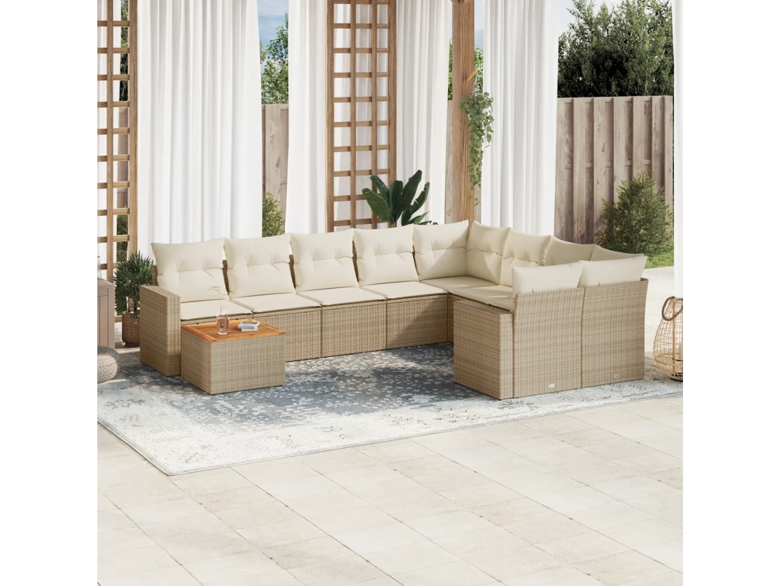 Vidaxl 10 Pcs Conjunto De Sofás P/ Jardim Com Almofadões Vime Pe Bege