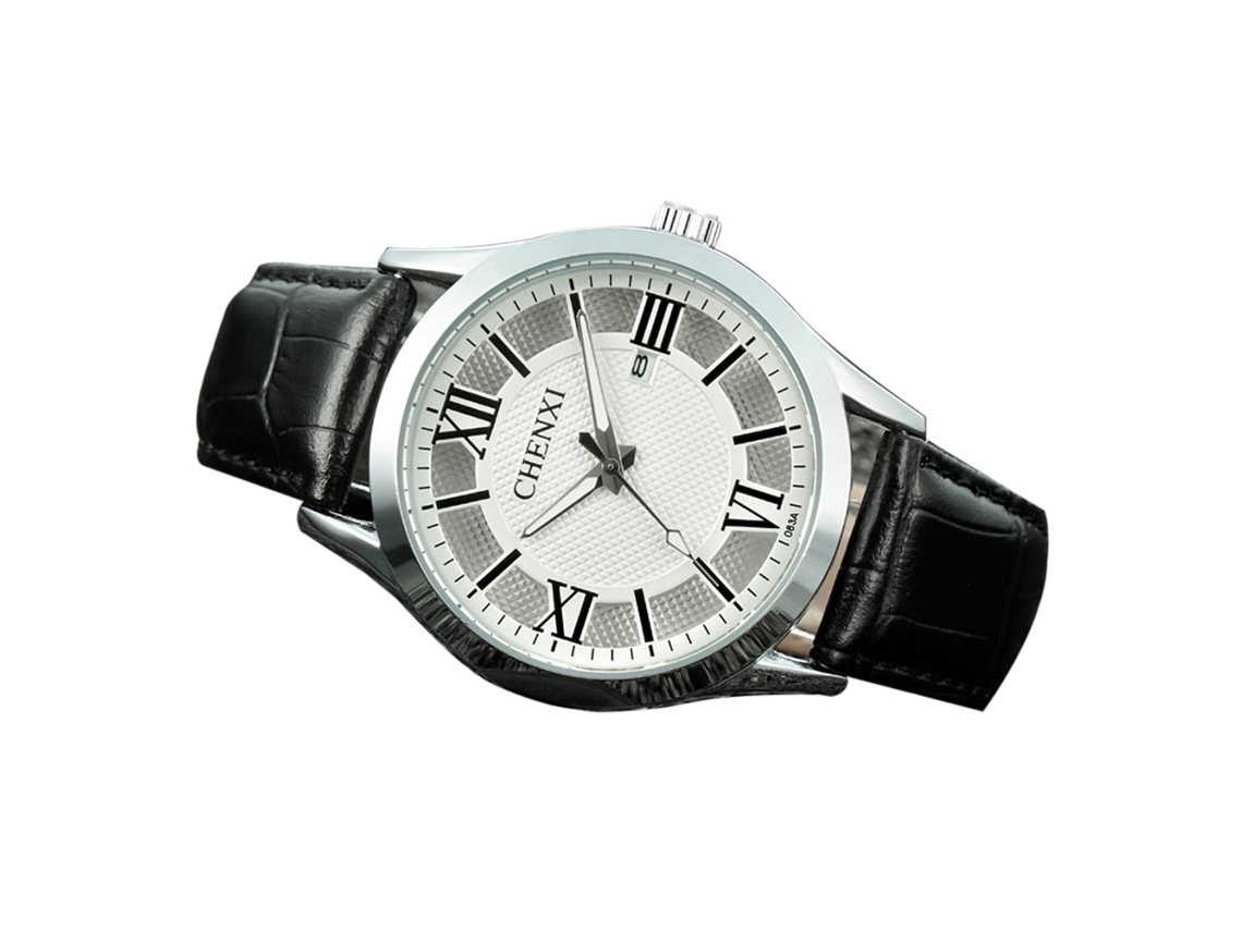 Relógio de Pulso Analógico de Liga com Pulseira de Couro Pu Estilo Fashion (branco Prateado)