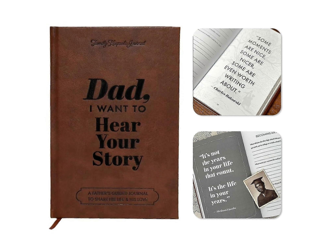 Cuaderno "Papá, quiero escuchar tu historia", tapa de cuero, letras doradas y negras, regalo para papá, diario guiado Comparti-aquaforge