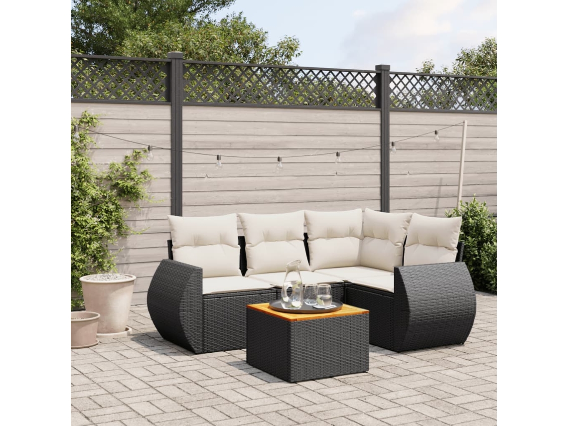 Vidaxl 5 Pcs Conjunto Sofás De Jardim Com Almofadões Vime Pe Preto
