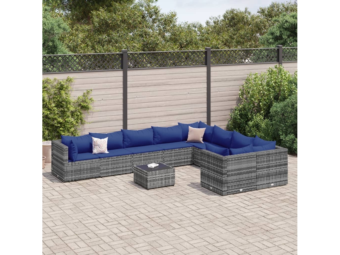 Jogo de Sofá Jardim 10 Peças C/ Almofadões Vime Pe Cinza Dkd Home Decor