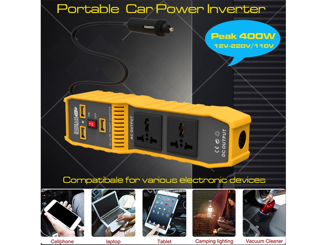 Inversor de energia para carro de 400 W com onda senoidal modificada, conversão de 12 V CC para 110 V CA, com USB e tomadas Primerox.