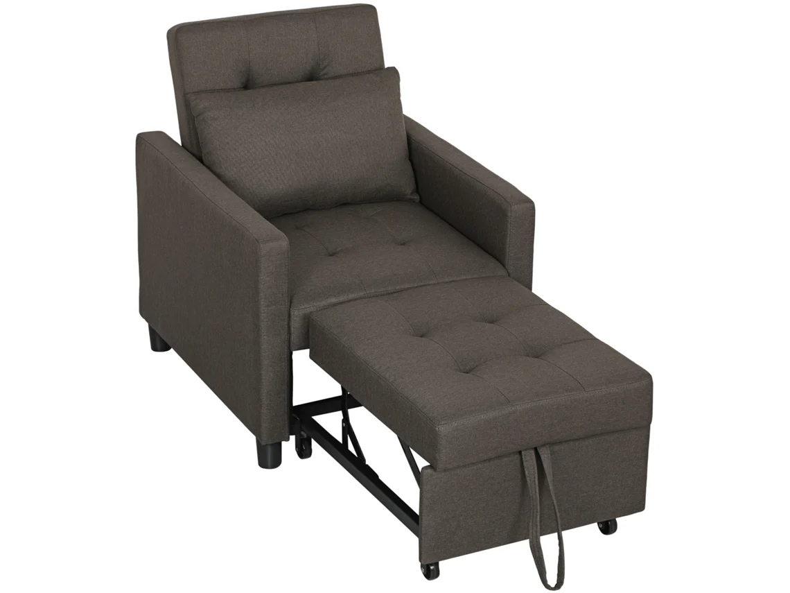 Sofá Cama Individual Poltrona Com 4 Rodas Encosto Reclinável Almofada Extra E Assento Acolchoado 69x82,5x84 Cm Cinzento