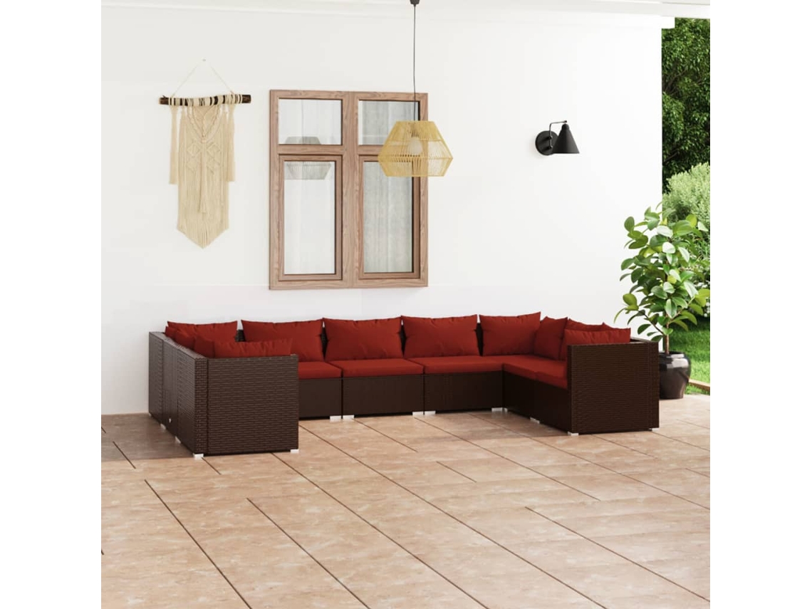 Vidaxl 9 Pcs Conjunto Lounge Jardim C/ Almofadões Vime Pe Castanho
